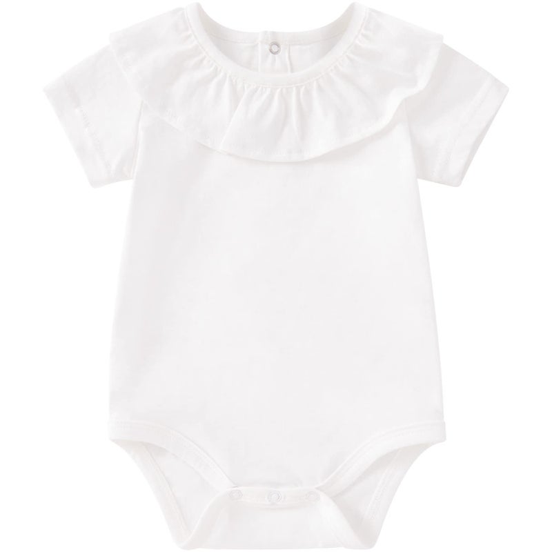 بيور بورن بدلة للجسم للفتيات الصغيرات من بيوربورن بأكمام قصيرة من القطن للرضع قطعة واحدة بياقة مكشكشة، مقاس 9-12 شهرًا باللون الأبيض - Image 1